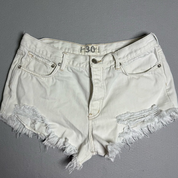 free people movement Pants - We the Free Shorts FP Movement Button Fly Denim Raw Hem Jean Beige White size 30